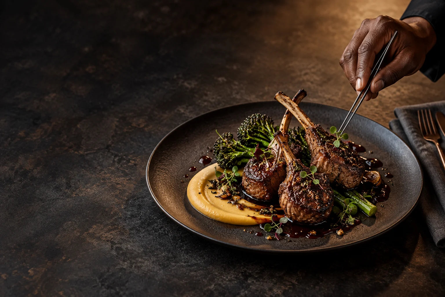 Illustrative chef finishing a fine-dining plate